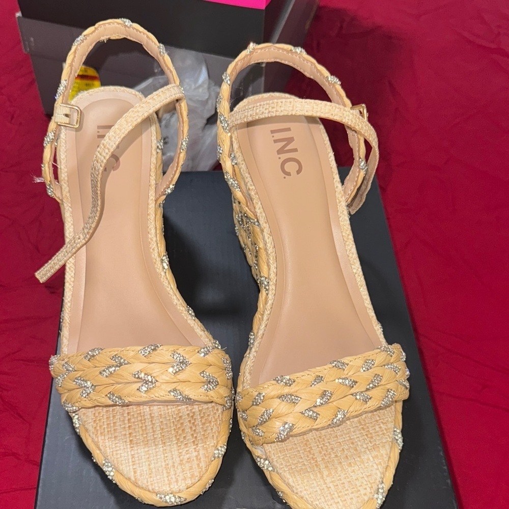 INC International Concepts Tan and Silver Woven Wedges - Picture 3 of 17